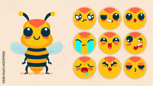 Cute wasp, set of animal emotions, tiny bee with emoji collocation, sleeping, crying, sad, Bored, happy, excited, lovable, surprised, careless, confident, terrifled, stunned, Flat Vector avatar