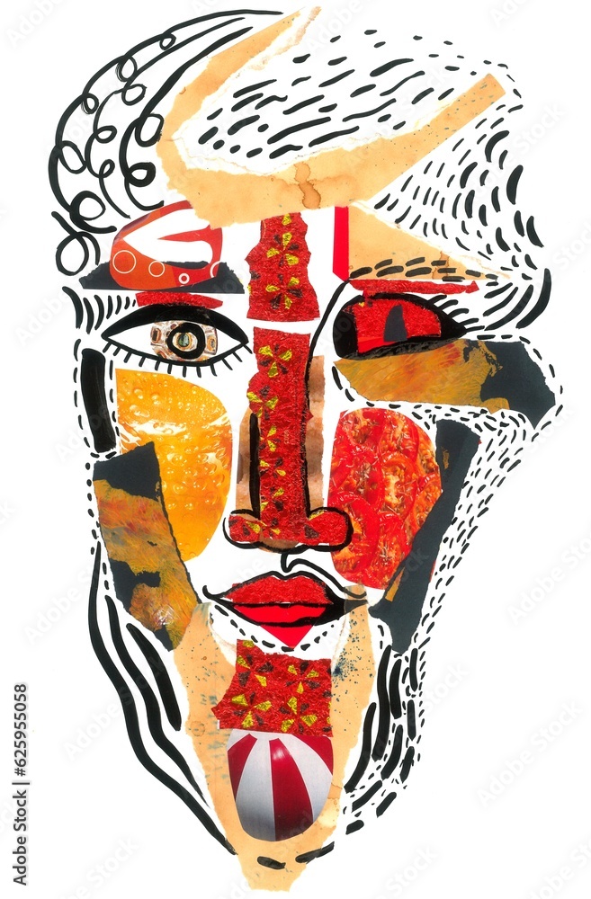 Collage style illustration. Face made of different textured materials. Lines and strokes are drawn with a brush. Modern illustration for your design.