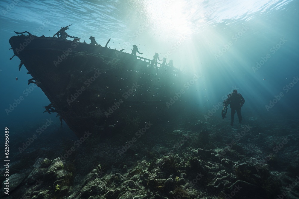 Fototapeta premium Photograph of people diving on historic shipwrecks, Generative AI