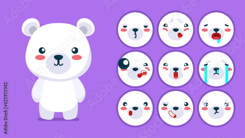 Cute Polar bear, set of animal emotions, tiny Polar bear with emoji collocation, sleeping, crying, sad, Bored, happy, excited, lovable, surprised, careless, confident, terrifled, stunned, Flat Vector