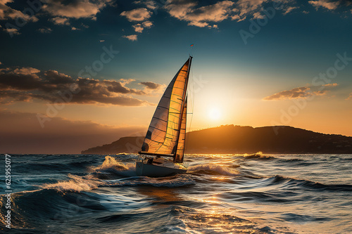 Sailboat sailing on ocean sea waters at sunset time. Created with generative AI technology.