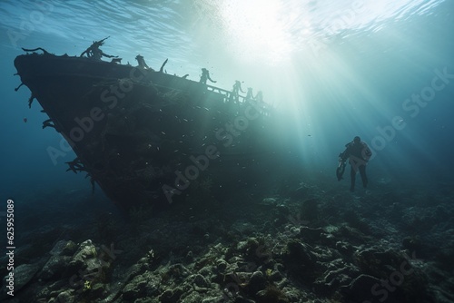 Photograph of people diving on historic shipwrecks, Generative AI © Nino44