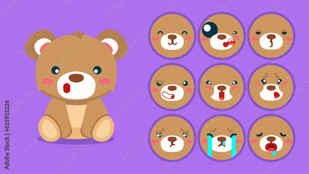Cute grizzly bear, set of animal emotions, tiny teddy with emoji collocation, sleeping, crying, sad, Bored, happy, excited, lovable, surprised, careless, confident, terrifled, stunned, Flat Vector