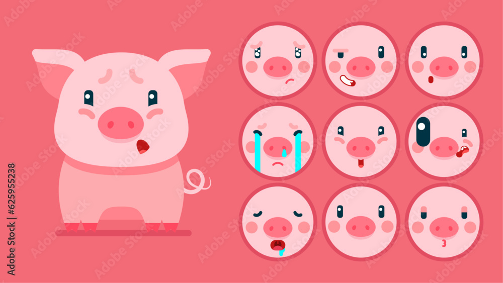 Cute pig, set of animal emotions, tiny pig with emoji collocation, sleeping, crying, sad, Bored, happy, excited, lovable, surprised, careless, confident, terrifled, stunned, Flat Vector avatar