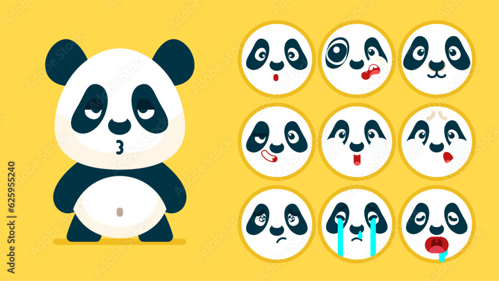Naklejka premium Cute panda, set of animal emotions, tiny panda with emoji collocation, sleeping, crying, sad, Bored, happy, excited, lovable, surprised, careless, confident, terrifled, stunned, Flat Vector avatar