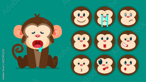 Cute monkey, set of animal emotions, tiny monkey with emoji collocation, sleeping, crying, sad, Bored, happy, excited, lovable, surprised, careless, confident, terrifled, stunned, Flat Vector avatar