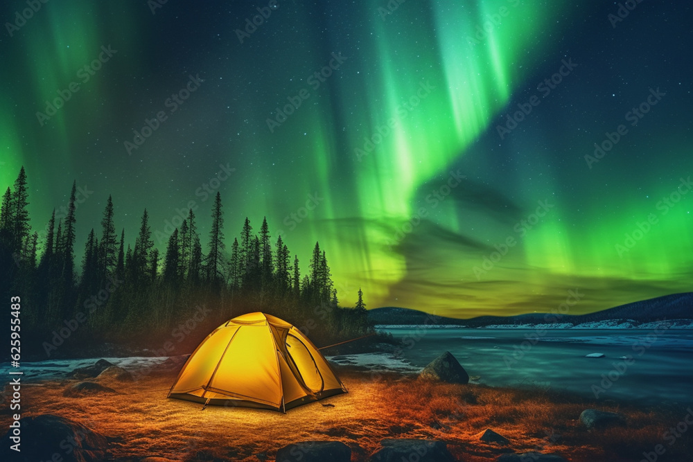 Camp under northern lights in the wintertime on the Kungsleden Generative AI