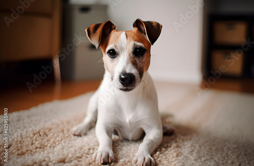 Jack russell terrier puppy dog lying on white carpet at home. Generative AI.