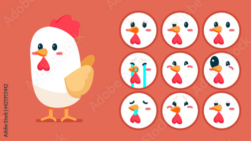 Cute chicken, set of animal emotions, tiny chicken with emoji collocation, sleeping, crying, sad, Bored, happy, excited, lovable, surprised, careless, confident, terrifled, stunned, Flat Vector avatar