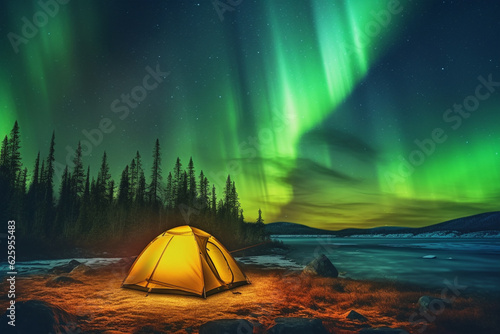 Camp under northern lights in the wintertime on the Kungsleden Generative AI
