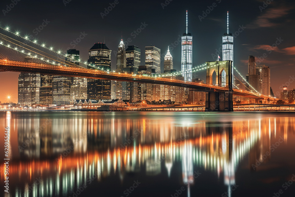 Brooklyn bridge and New York City Manhattan downtown skyline at dusk with skyscrapers illuminated over East River panorama. Copy space. Generative AI