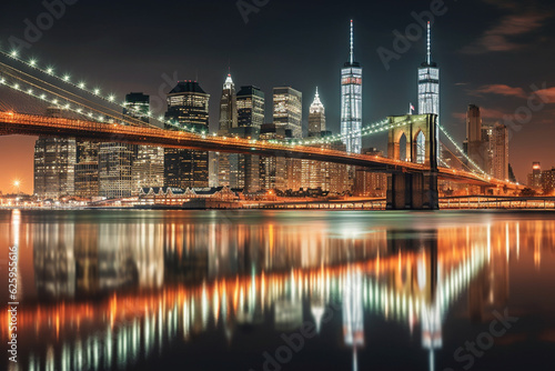 Brooklyn bridge and New York City Manhattan downtown skyline at dusk with skyscrapers illuminated over East River panorama. Copy space. Generative AI