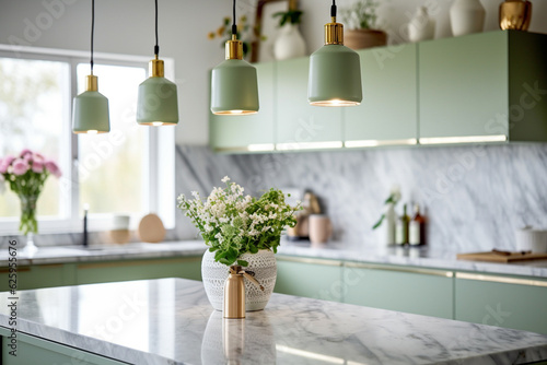 Kitchen with green vintage furniture, marble countertop with flowers and bowl of cherries, bucket with tulips, cupboard with various mugs, crockery and devices. Generative AI