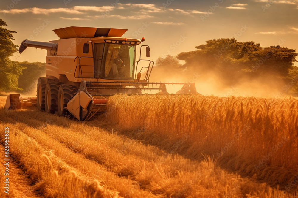 Fototapeta premium Combine Harvester, Harvesting Ripe Wheat Generative AI