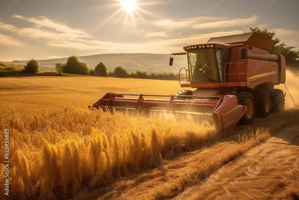 Fototapeta premium Combine Harvester, Harvesting Ripe Wheat Generative AI