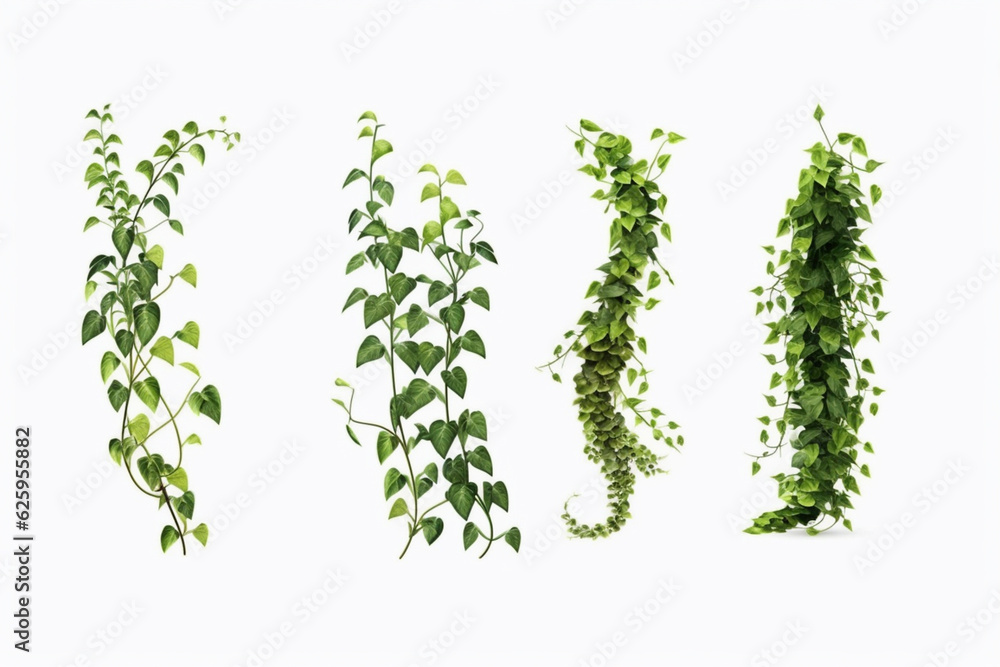 Epipremnum aureum, Pothos bush, shrub leaves are green. Isolated on White background and clipping path. (Golden Pothos, Scindapsus, Devils Ivy) Total collection of 4 plants. Generative AI Epipremnum aureum, Pothos bush, shrub leaves are green. Isolated on White background and clipping path. (Golden Pothos, Scindapsus, Devils Ivy) Total collection of 4 plants. Generative AI