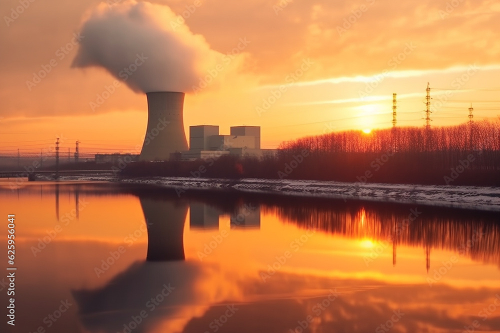 Late afternoon scene with view on riverbank with nuclear reactor Doel, Port of Antwerp, Generative AI Late afternoon scene with view on riverbank with nuclear reactor Doel, Port of Antwerp, Generative AI