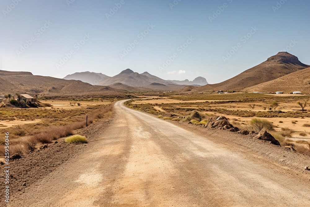 Road though the desert, sand dunes and mountains of Morocco and Sahara with blue sky. Road with mountain view. Generative AI