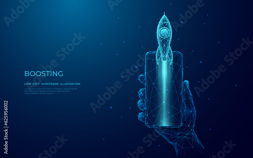 Abstract digital rocket launch from a smartphone screen. Hand-holding cell phone with launching spaceship on the technological futuristic background. Boosting business or internet connection concept.