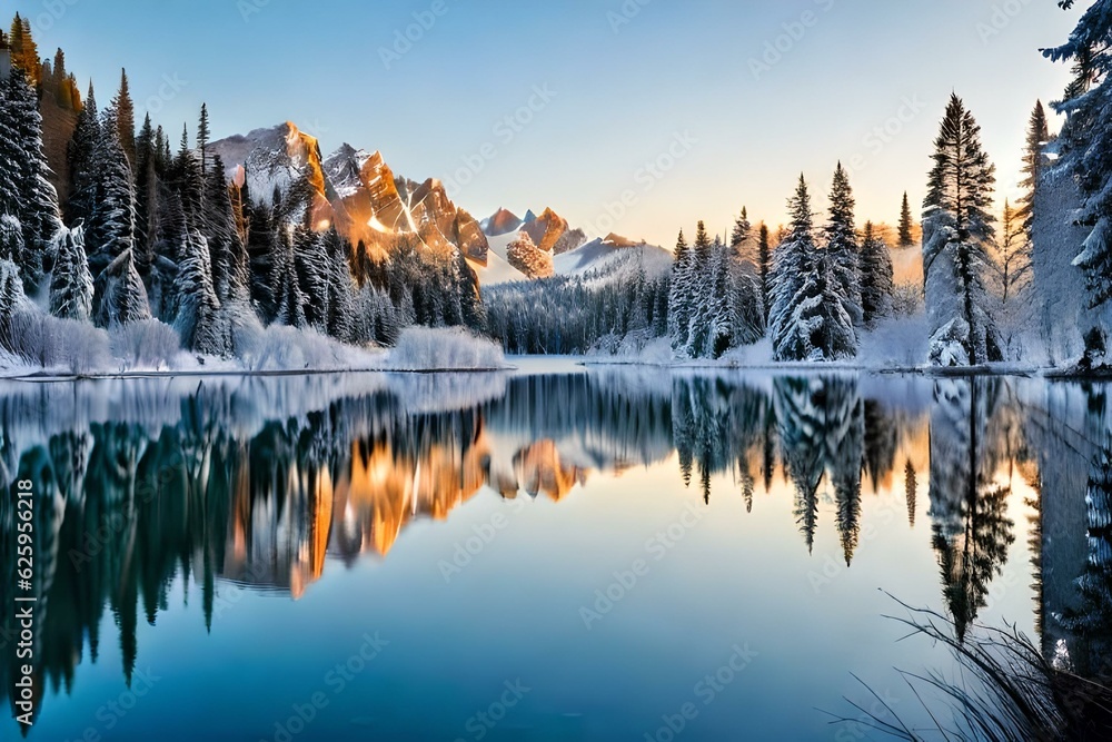 a frozen lake surrounded by snow and trees - AI generative