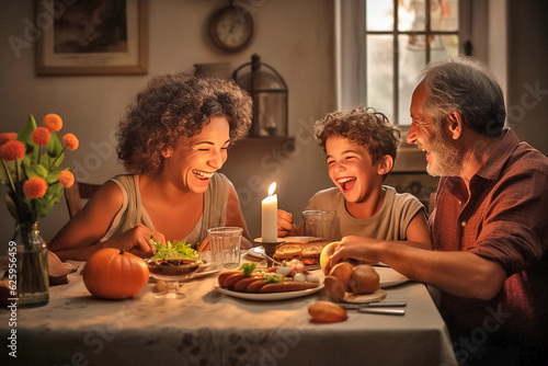 Happy family having a dinner at their grandfather house. They are sitting at the table and smiling. Generative AI