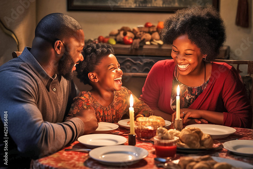 Portrait of a smiling African-American family having dinner at home with lit candles. Generative AI