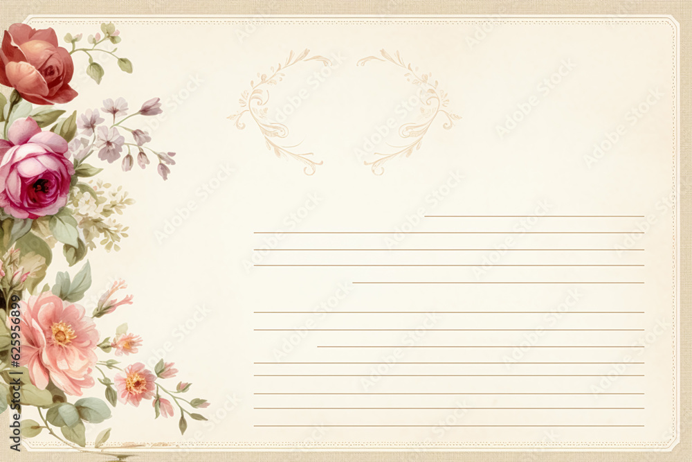 Blank vintage floral lined paper recipe card background for printable digital paper, art stationery and greeting card illustration