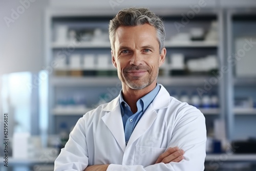Print op canvas Portrait of confident mature male pharmacist standing with arms crossed in drugs