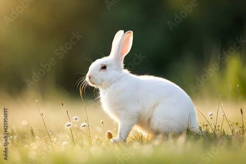 A white rabbit with soft, fluffy fur rests peacefully on a bed of lush green grass - AI Generative