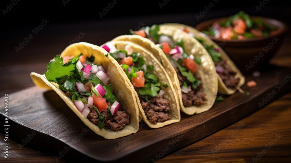 Beef Head Tacos served on a rustic wooden table adorned with freshly chopped cilantro, onions, a side of lime, and spicy salsa Beef Head Tacos served on a rustic wooden table adorned with freshly chopped cilantro, onions, a side of lime, and spicy salsa