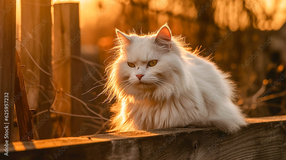 Fluffy cat, white fur, Persian cat sitting on a wooden fence in the rays of the setting sun