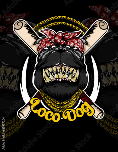 the bulldog wears a gold chain necklace and has two baseball bats in the background