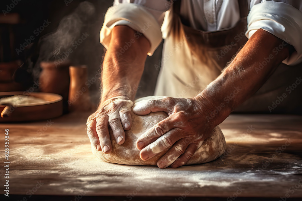 closeup of old man baking bread, ai generated