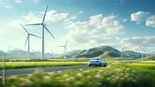 Zero emissions car running by a green landscape with wind mills.