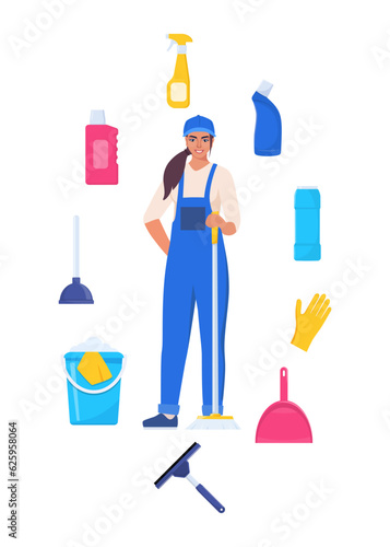 Woman dressed in uniform with mop. Worker of cleaning service. Cleaning tools and detergent. Bucket, scoop, brush, washing powder, bottle of spray, sponge, glass scraper, rubber gloves. Vector.