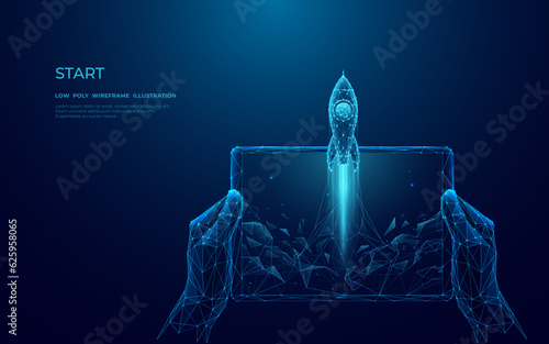 Digital close-up human hand holding tablet with abstract launching rocket. First-person view of a spaceship which takeoff on dark blue background. Low poly wireframe vector illustration with 3D effect