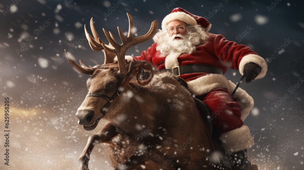 Santa Claus riding a furious Rudolph reindeer Santa Claus riding a furious Rudolph reindeer