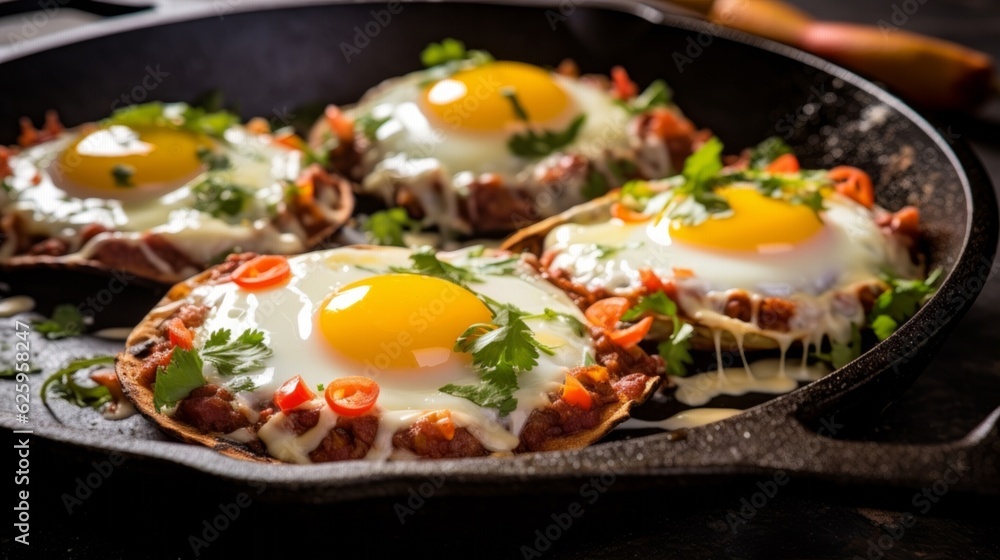 Huevos Rancheros, highlighting the runny yolks drizzling into the refried beans and cheese melting Huevos Rancheros, highlighting the runny yolks drizzling into the refried beans and cheese melting