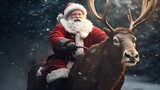 Santa Claus riding a furious Rudolph reindeer