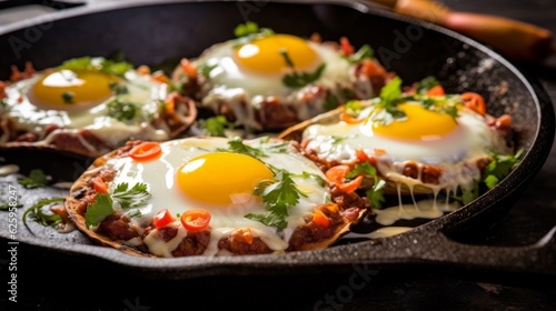 Huevos Rancheros, highlighting the runny yolks drizzling into the refried beans and cheese melting