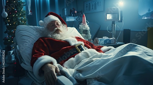 Santa Claus lying on the gurney in the hospital.