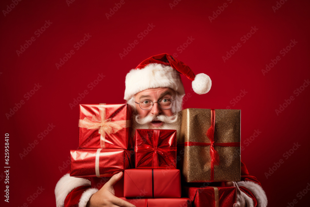 A jolly Father Christmas holding a stack of christmas presents. Studio shot against a red background A jolly Father Christmas holding a stack of christmas presents. Studio shot against a red background