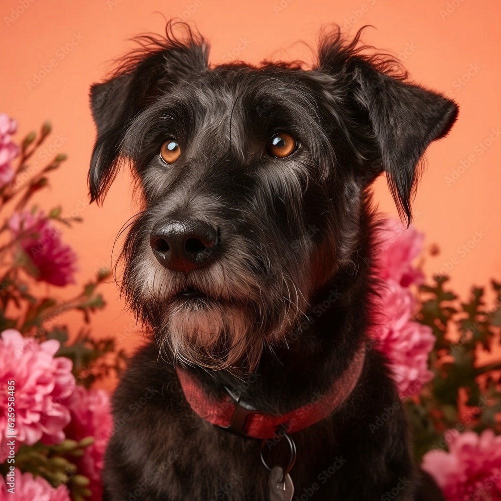 black dog surrounded by flowers on a pink background - generative ai