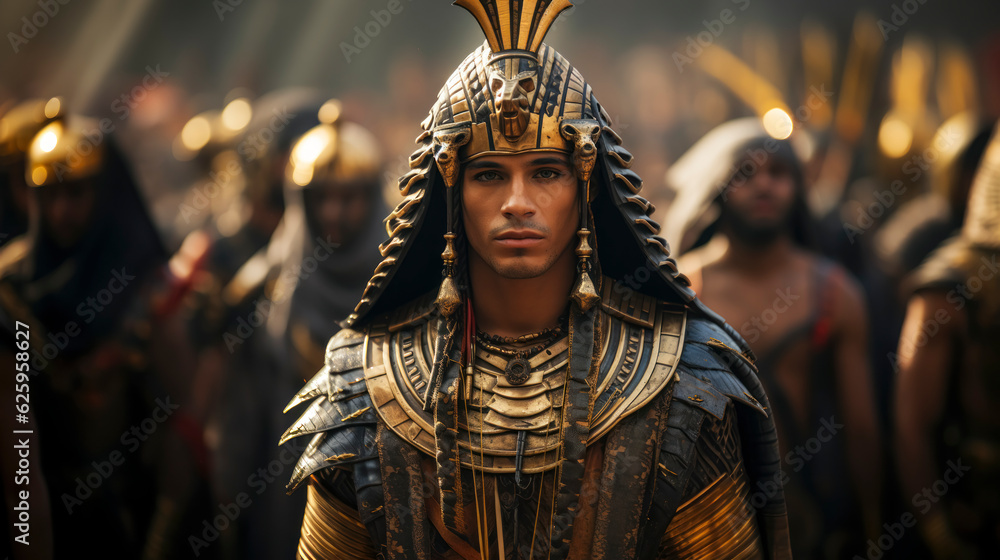 Portrait of an egyptian pharaoh in royal attire and his entourage in the background.