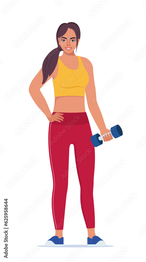 Woman dressed in sports clothes does exercises with dumbbells. Vector illustration. Woman dressed in sports clothes does exercises with dumbbells. Vector illustration.