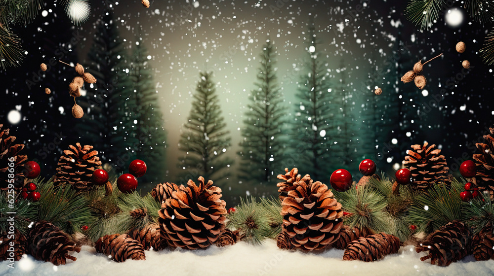 christmas red magic background, snow, autumn leaves with pine cones . ai generative