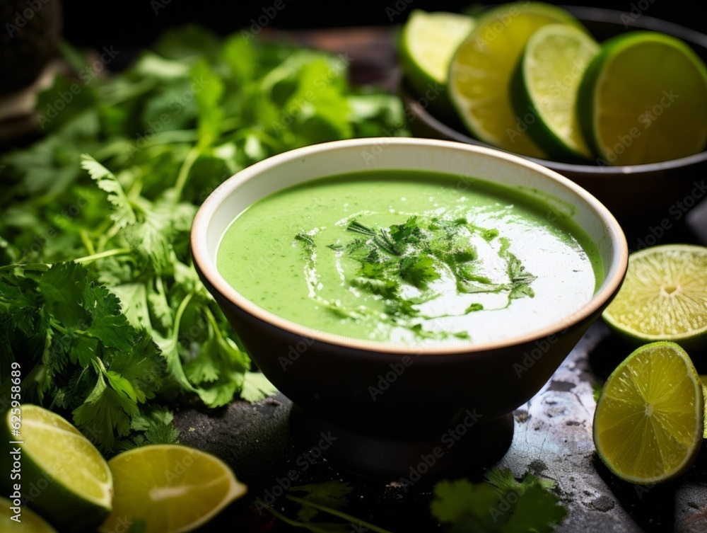 Lime Soup garnished with cilantro and paired with sliced avocado and chips on the side Lime Soup garnished with cilantro and paired with sliced avocado and chips on the side