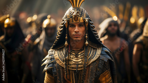 Fotografie, Obraz Portrait of an egyptian pharaoh in royal attire and his entourage in the background