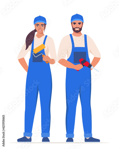Repairman or mechanic man and woman painter. Collection of professional repair tools. Man and woman characters in uniform. Vector illustration. © Alena