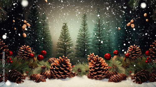 christmas red magic background, snow, autumn leaves with pine cones . ai generative